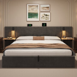 Matteo Super King Velvet Ottoman Bed Frame With Charging Station, Reading Light & Adjustable Shelf, Grey - thumbnail 5