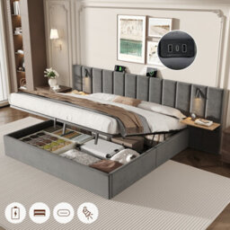 Matteo Super King Velvet Ottoman Bed Frame With Charging Station, Reading Light & Adjustable Shelf, Grey - thumbnail 1