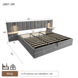 Matteo Super King Velvet Ottoman Bed Frame With Charging Station, Reading Light & Adjustable Shelf, Grey - thumbnail 8