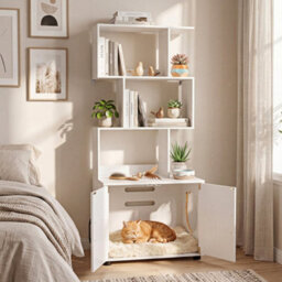 White 141 Cm Tall Hidden Cat Washroom Furniture With 3 Open Shelves Side Entry - thumbnail 4