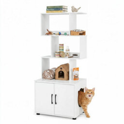 White 141 Cm Tall Hidden Cat Washroom Furniture With 3 Open Shelves Side Entry - thumbnail 1