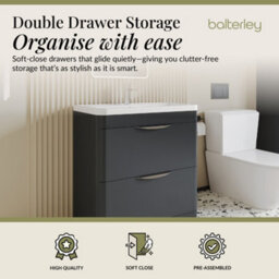 Balterley Wave Contemporary Floor Standing 2 Drawer Bathroom Vanity Unit & Ceramic Basin, Dark Grey, 755mm - thumbnail 2