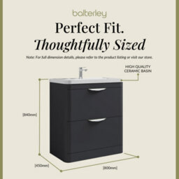 Balterley Wave Contemporary Floor Standing 2 Drawer Bathroom Vanity Unit & Ceramic Basin, Dark Grey, 755mm - thumbnail 5