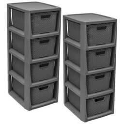 Pluto Packaging 2 X 4 Drawer Grey Stylish Rattan Effect Commode Baskets Home Office Storage Units - thumbnail 1