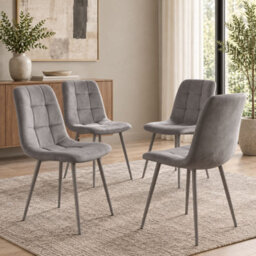 Oira Homes Grey Nova Velvet Dining Chairs Set Of 4 Modern Quilted Kitchen Dining Chairs With Black Metal Legs - thumbnail 2