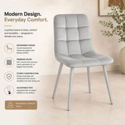 Oira Homes Grey Nova Velvet Dining Chairs Set Of 4 Modern Quilted Kitchen Dining Chairs With Black Metal Legs - thumbnail 6