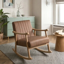 Wyld And Coco Casalux Rocking Armchair Brown Faux Leather With Rubberwood Legs And Armrests, W63 X D96 X H78Cm - thumbnail 2