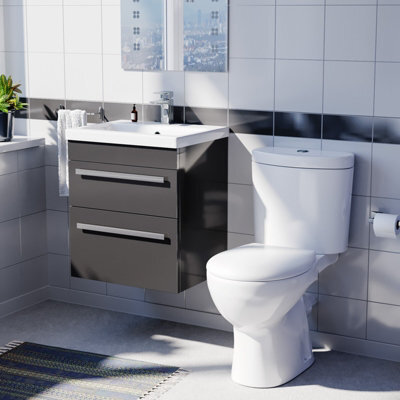 Nes Home 500mm Anthracite Wall Hung 2 Drawers Vanity Unit & Close Coupled Toilet - image 1
