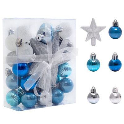 Living And Home 30 Pcs Blue Shatterproof Christmas Decoration Xmas Ornament Christmas Tree Baubles Set With Snowflake Tree Topper - image 1