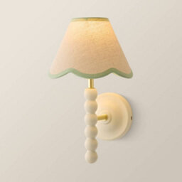 Valuelights Bobbin Cream Bobble Wall Light And Green Trim Linen Lamp Shade - thumbnail 3