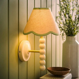 Valuelights Bobbin Cream Bobble Wall Light And Green Trim Linen Lamp Shade - thumbnail 2