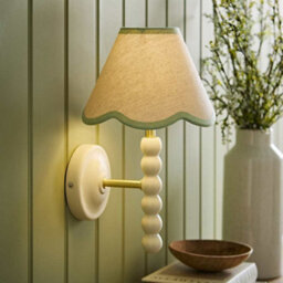 Valuelights Bobbin Cream Bobble Wall Light And Green Trim Linen Lamp Shade