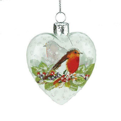 Gisela Graham Christmas Hand-Decorated Glass Heart Bauble With Robin, Silver Lurex Hanger, 8 X 6 Cm