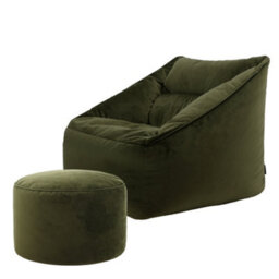 icon Natalia Velvet Adults Bean Bag Armchair And Pouffe, Ready Filled Large Beanbag And Footstool Olive Green