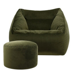 icon Natalia Velvet Adults Bean Bag Armchair And Pouffe, Ready Filled Large Beanbag And Footstool Olive Green - thumbnail 4