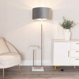 Valuelights Tavel Chrome Floor Lamp With Table And Grey Velvet With Chrome Inner Lamp Shade And Bulb