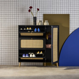 Sweeek - Boheme Black Canework Shoe Cabinet 3 Drawers 1 Door 21 Pairs 120 X 24 X 125 Cm - thumbnail 3