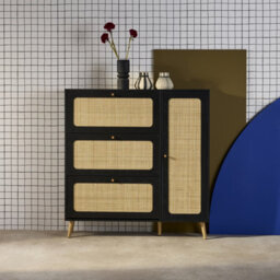Sweeek - Boheme Black Canework Shoe Cabinet 3 Drawers 1 Door 21 Pairs 120 X 24 X 125 Cm - thumbnail 1