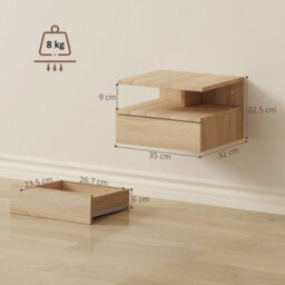 Homcom Modern Nightstand Set Of 2, Wall Mounted Bedside Cabinet, Oak - thumbnail 3