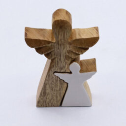 Serenityy Mango Wood Double Angel Figurine With White Enamel Inlay, 9 X 2 X 15 Cm. - thumbnail 2