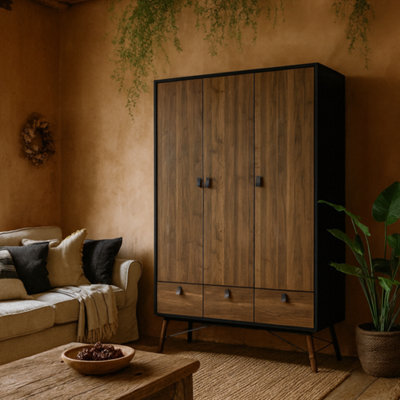 Wyld Haus Juno Black And Walnut 3-Door Wardrobe With 3 Drawers - image 1