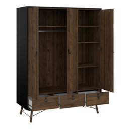 Wyld Haus Juno Black And Walnut 3-Door Wardrobe With 3 Drawers - thumbnail 6