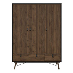 Wyld Haus Juno Black And Walnut 3-Door Wardrobe With 3 Drawers - thumbnail 3