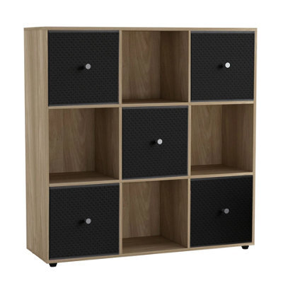 Urbn-Living 9 Cube Oak Wooden Bookcase Shelving Unit With 5 Collapsible Fabric Drawers Black - image 1