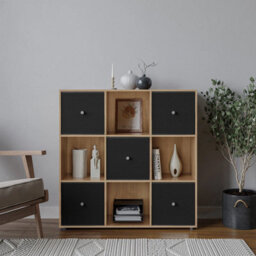 Urbn-Living 9 Cube Oak Wooden Bookcase Shelving Unit With 5 Collapsible Fabric Drawers Black - thumbnail 2