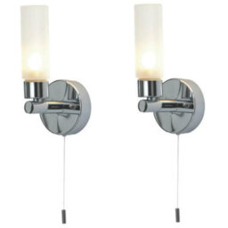 First Choice Lighting Set Of 2 Polished Chrome Ip44 Bathroom Wall Light Pull Cord Switch - thumbnail 1