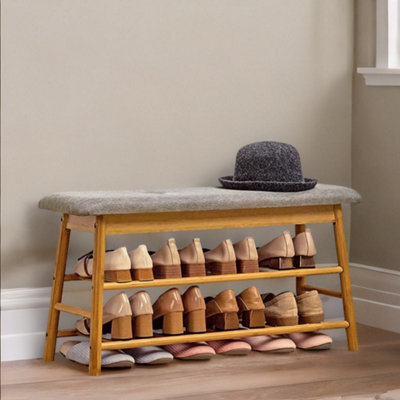 BMBO 2 Tier Shoe Bench Rack With Cushioned Seat Natural Brown - image 1