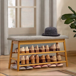 BMBO 2 Tier Shoe Bench Rack With Cushioned Seat Natural Brown - thumbnail 2