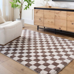 Livabliss Fossay Shaggy-Washable Beige Brown High Pile Checkered Living Bedroom Rug 140 X 200 Cm Easy Care, Non Shedding - thumbnail 2