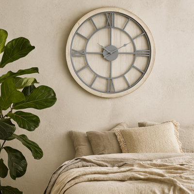 Wyld Haus White Washed Round Rustic Grey Skeleton Wall Clock 600mm - image 1
