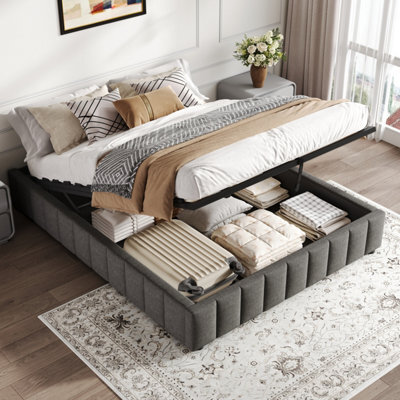 Abrihome Grey Linen 4Ft6 Double Storage Bed With Hydraulic Lift & Channel Tufted Ottoman, No Headboard - image 1