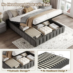 Abrihome Grey Linen 4Ft6 Double Storage Bed With Hydraulic Lift & Channel Tufted Ottoman, No Headboard - thumbnail 2