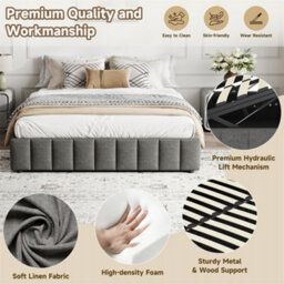 Abrihome Grey Linen 4Ft6 Double Storage Bed With Hydraulic Lift & Channel Tufted Ottoman, No Headboard - thumbnail 3