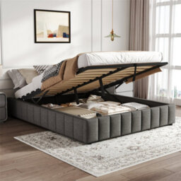 Abrihome Grey Linen 4Ft6 Double Storage Bed With Hydraulic Lift & Channel Tufted Ottoman, No Headboard - thumbnail 9
