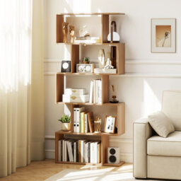 Gainoom 5-Tier Natural Bookshelf Geometric S-Shaped Bookcase W/ Anti-Toppling Device - thumbnail 4