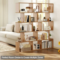 Gainoom 5-Tier Natural Bookshelf Geometric S-Shaped Bookcase W/ Anti-Toppling Device - thumbnail 5
