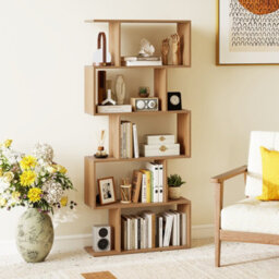 Gainoom 5-Tier Natural Bookshelf Geometric S-Shaped Bookcase W/ Anti-Toppling Device - thumbnail 6