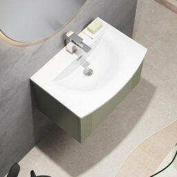Balterley Belvide Partial Fluted 1 Drawer Wall Hung Vanity Unit With 1 Tap Hole Curved Basin- 600mm - Satin Green - Baltereley - thumbnail 5