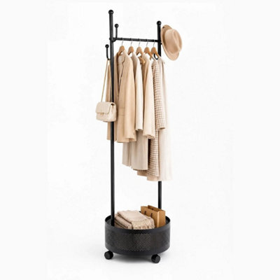 Black 360 Rotating Coat Rack Wheels Basket Hooks For Bedroom Home Clothes Storage - image 1