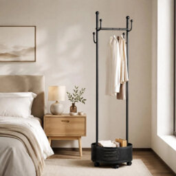 Black 360 Rotating Coat Rack Wheels Basket Hooks For Bedroom Home Clothes Storage - thumbnail 6
