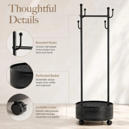 Black 360 Rotating Coat Rack Wheels Basket Hooks For Bedroom Home Clothes Storage - thumbnail 4
