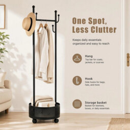 Black 360 Rotating Coat Rack Wheels Basket Hooks For Bedroom Home Clothes Storage - thumbnail 3