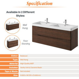 Plum&clay Eden Redwood Wall Hung Vanity Unit With Ceramic Basin (W)1200mm - thumbnail 6
