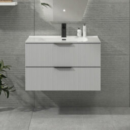 Royal Bathrooms Evora 800mm Matt White Fluted Wall Hung Bathroom Vanity Unit 2 Drawer Cabinet Storage With Ceramic Basin & Matt Black Handles