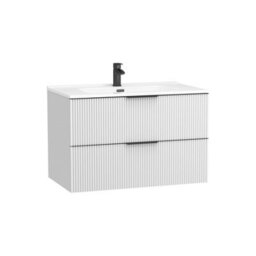 Royal Bathrooms Evora 800mm Matt White Fluted Wall Hung Bathroom Vanity Unit 2 Drawer Cabinet Storage With Ceramic Basin & Matt Black Handles - thumbnail 7
