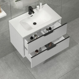 Royal Bathrooms Evora 800mm Matt White Fluted Wall Hung Bathroom Vanity Unit 2 Drawer Cabinet Storage With Ceramic Basin & Matt Black Handles - thumbnail 5